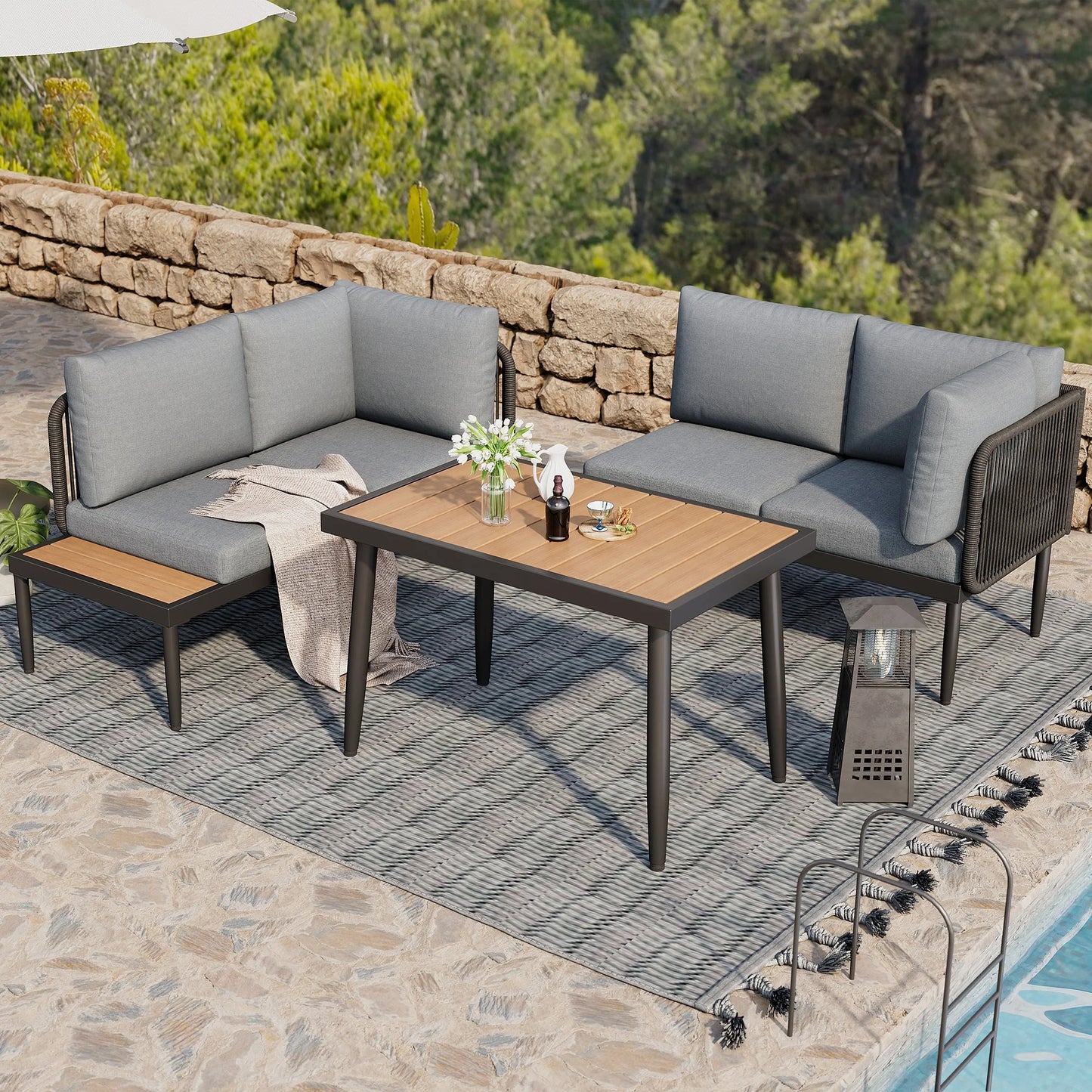 Tuinset – Hoekbank Tuinmeubel – Buitenmeubel – Terrasset – Verzonken Stalen Frame – Kunststof-Houten Tafelblad – Handgeweven Touwen