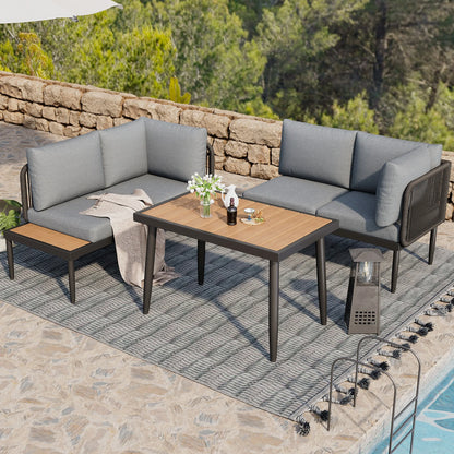 Tuinset – Hoekbank Tuinmeubel – Buitenmeubel – Terrasset – Verzonken Stalen Frame – Kunststof-Houten Tafelblad – Handgeweven Touwen