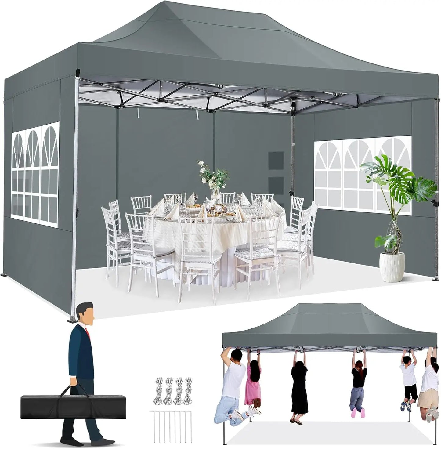 Partytent – Opvouwbare Tent – Marktstand Tent – Tuinent – Festivaltent – 3x4,5 Meter – 420D Oxford Doek – Waterdicht Met UV-Bescherming - Zwart - QUORE