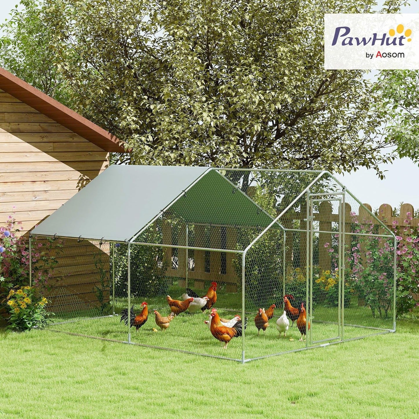 PawHut Chicken Coop 10.2 m² 3 x 3.4 x 1.90 m with UV-resistant waterproof cloth, security lock, door, chicken coop for 10-15 chickens, silver, steel - QUORE