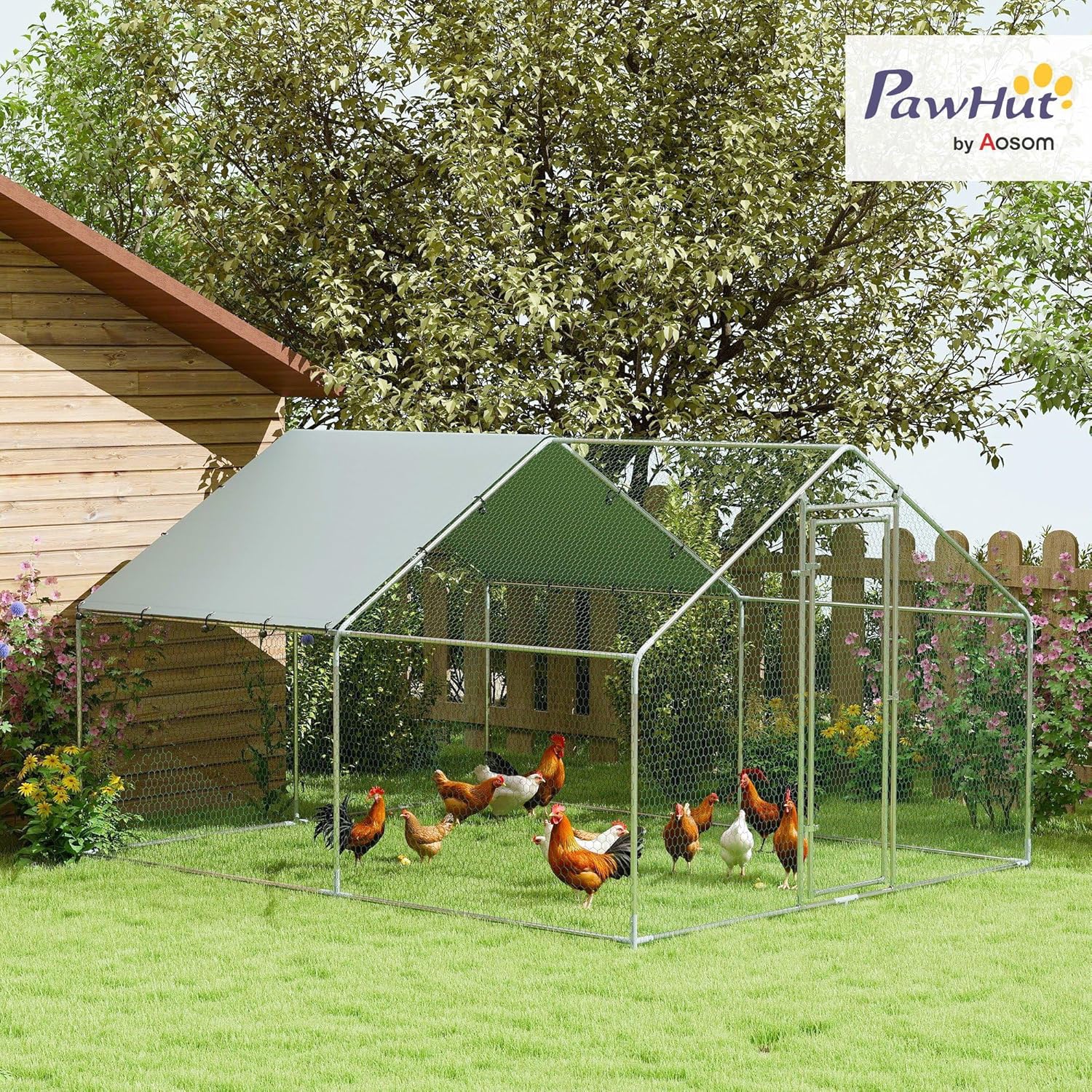 PawHut Chicken Coop 10.2 m² 3 x 3.4 x 1.90 m with UV-resistant waterproof cloth, security lock, door, chicken coop for 10-15 chickens, silver, steel - QUORE