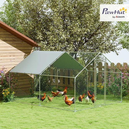 PawHut Chicken Coop 10.2 m² 3 x 3.4 x 1.90 m with UV-resistant waterproof cloth, security lock, door, chicken coop for 10-15 chickens, silver, steel - QUORE