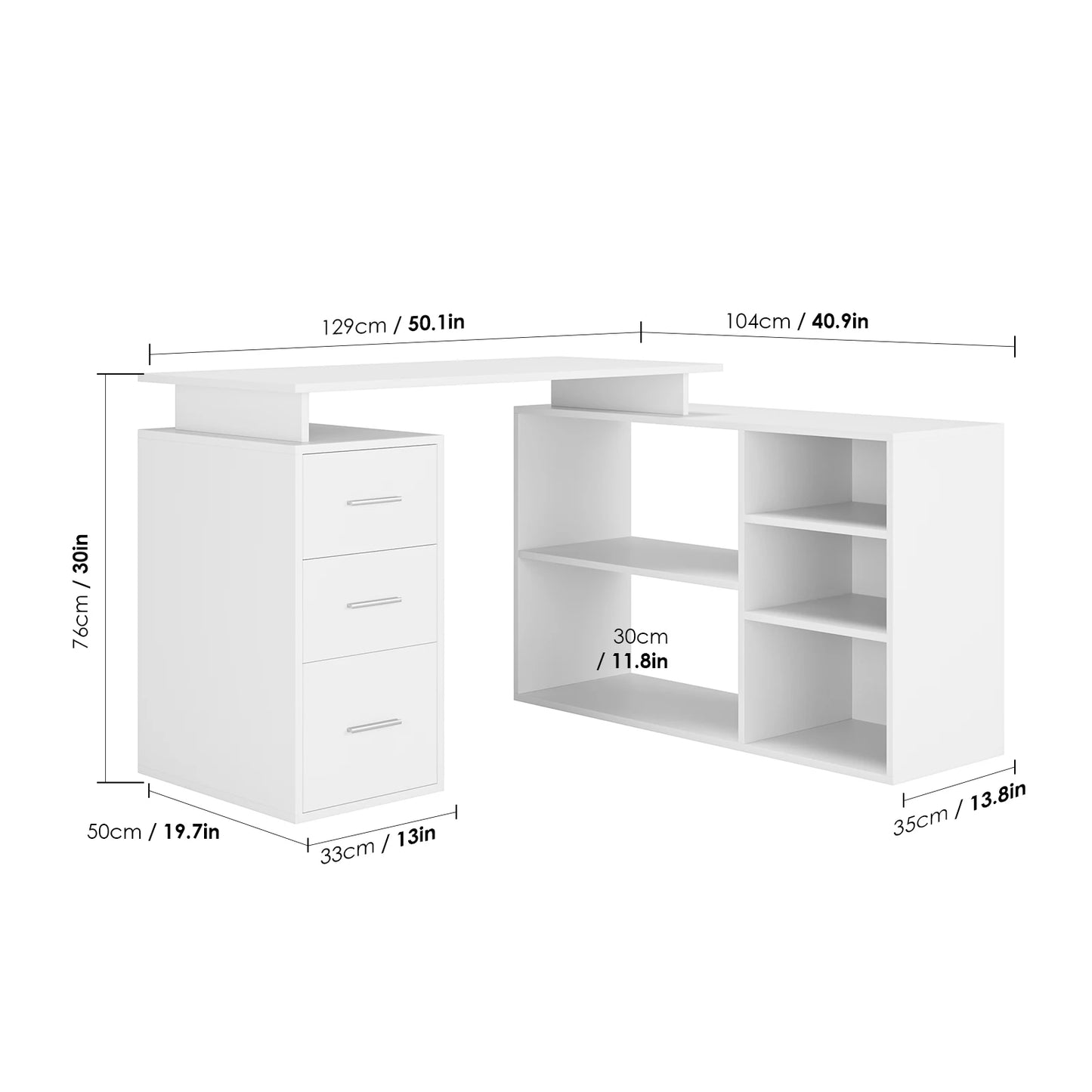 Hoekbureau – L-vormig Bureau – Werkplek Bureau – Studiebureau – Kantoormeubel – Wit – Verstelbare Planken – 3 Opberglades – 129x104 cm