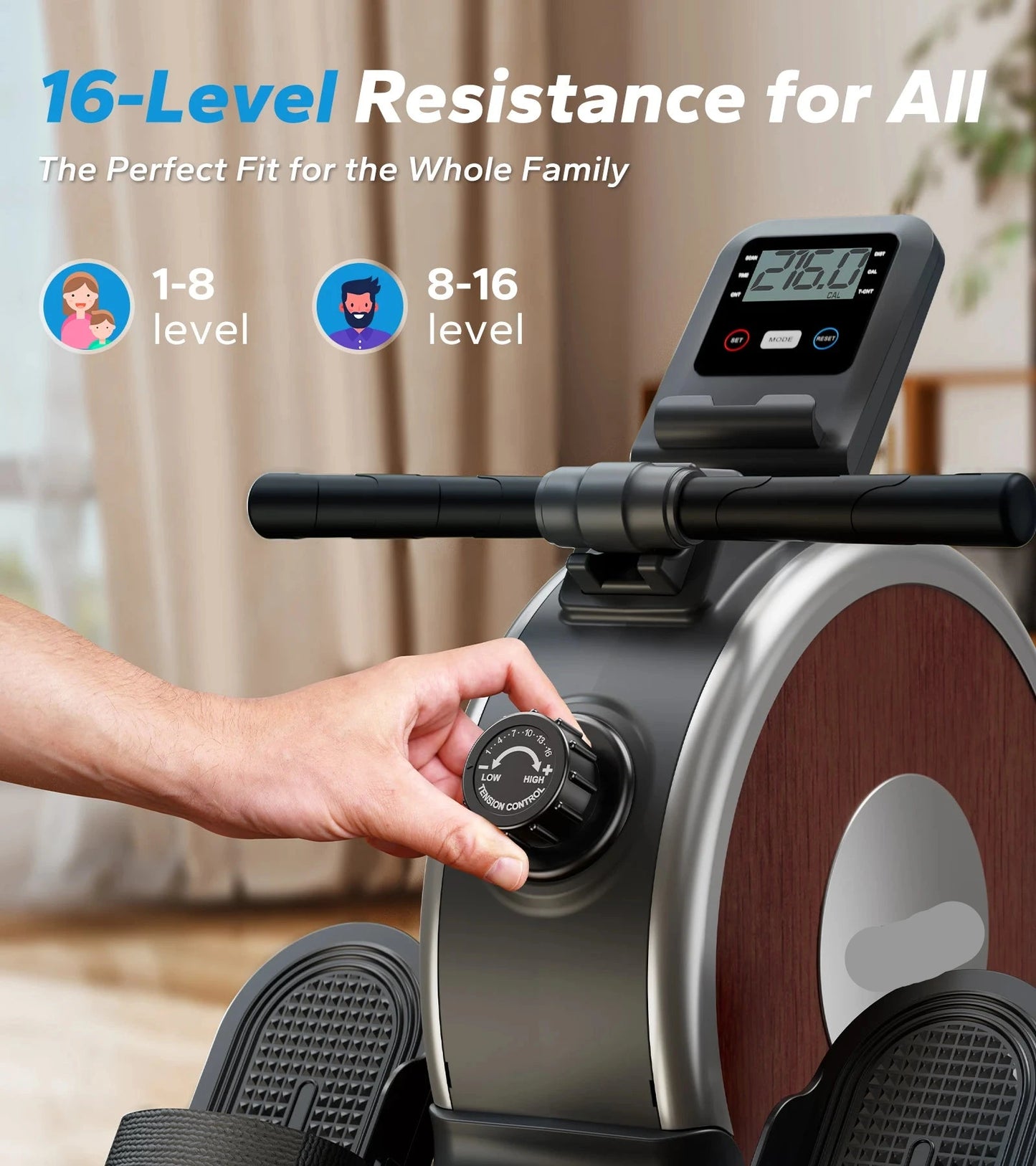 Magnetische Roeitrainer - Roeimachine - Roeitrainer - Roeiapparaat - App Compatibel - Dual Slide Rail - 16 Weerstandsniveaus - Stil & Krachtig - Max 160 kg Belastbaar - Compact & Stevig - Bruin