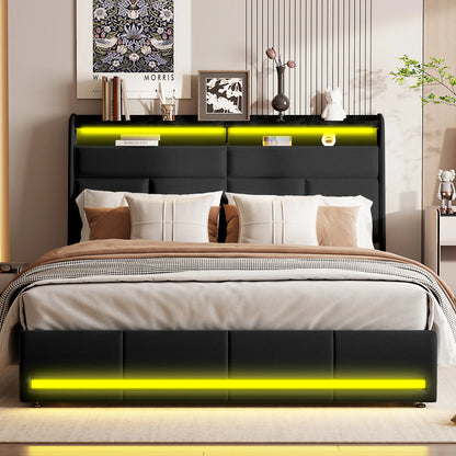 Modern Tweepersoonsbed – Tweepersoonsbed Met Opbergruimte – Led Bed – Bed Met Usb-Poorten – Zwart Bed 140x200 CM – Hydraulische Opbergruimte – Pu-Lederen Bekleding