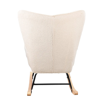 Schommelstoel – Relaxstoel – Wiegstoel – Schommelfauteuil – Loungefauteuil – Scandinavisch Design – Teddy Stof Bekleding – Metalen Frame & Houten Poten – 150 kg Draagkracht – Beige Kleur - QUORE