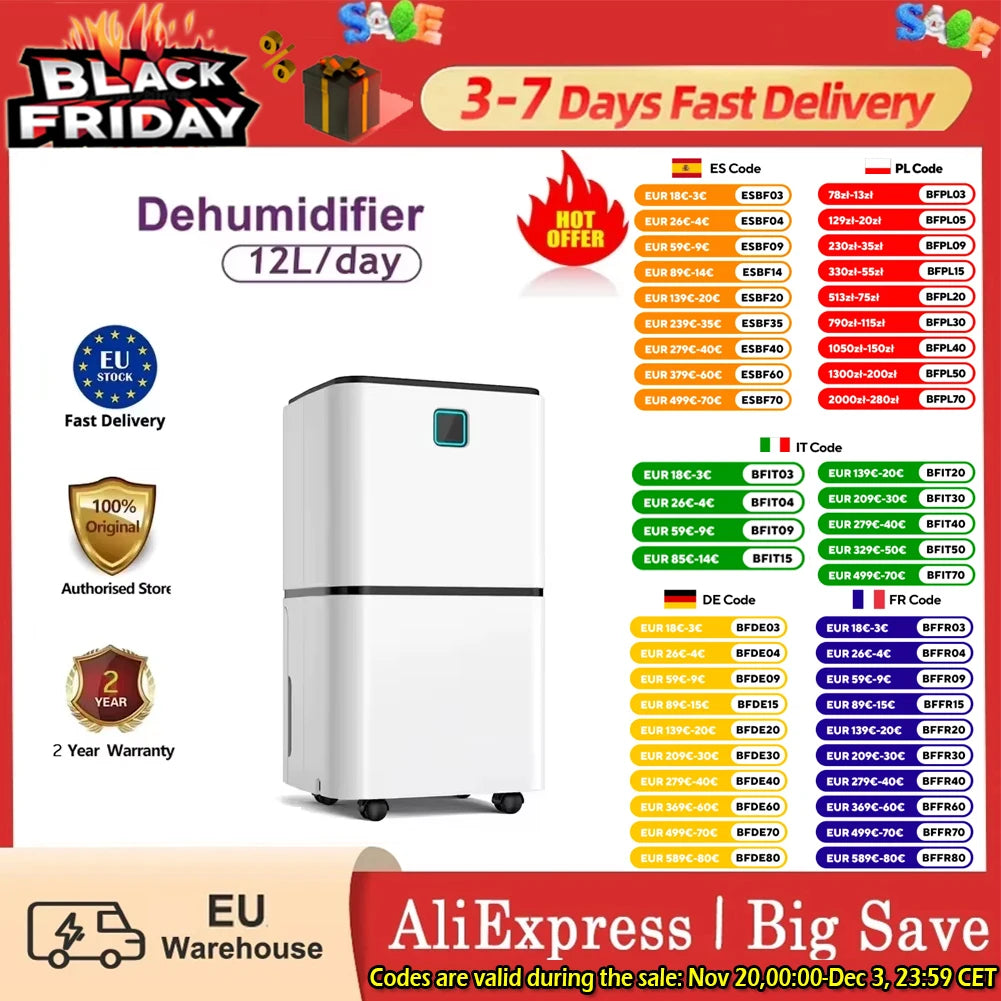 Luchtontvochtiger – Vochtvreter – Ontvochtiger – Vochtverwijderaar – Air Dehumidifier – 12L per dag – 3 Modi met Timer - QUORE