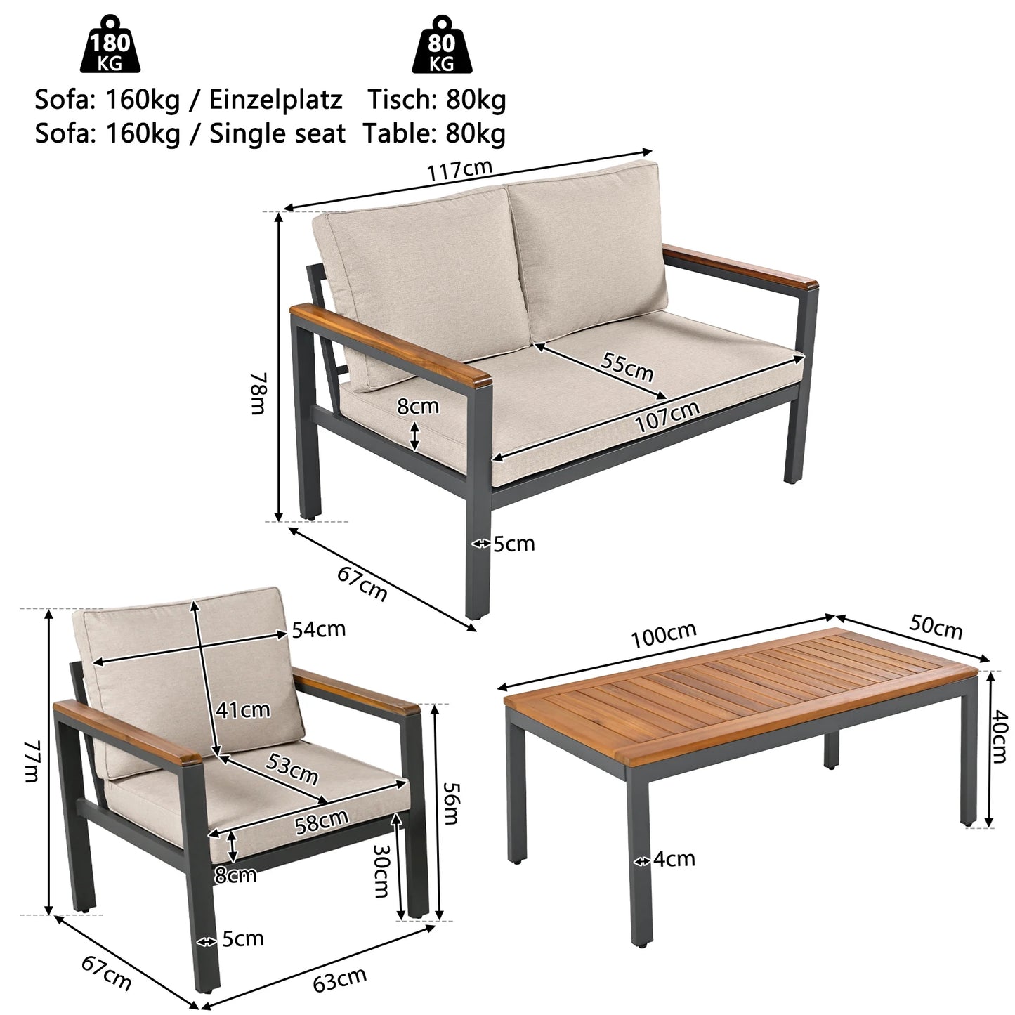 Tuinset – Loungeset – Balkonset – Buitenmeubelen – 4-Delige Set – Metalen Frame – Acaciahouten Details