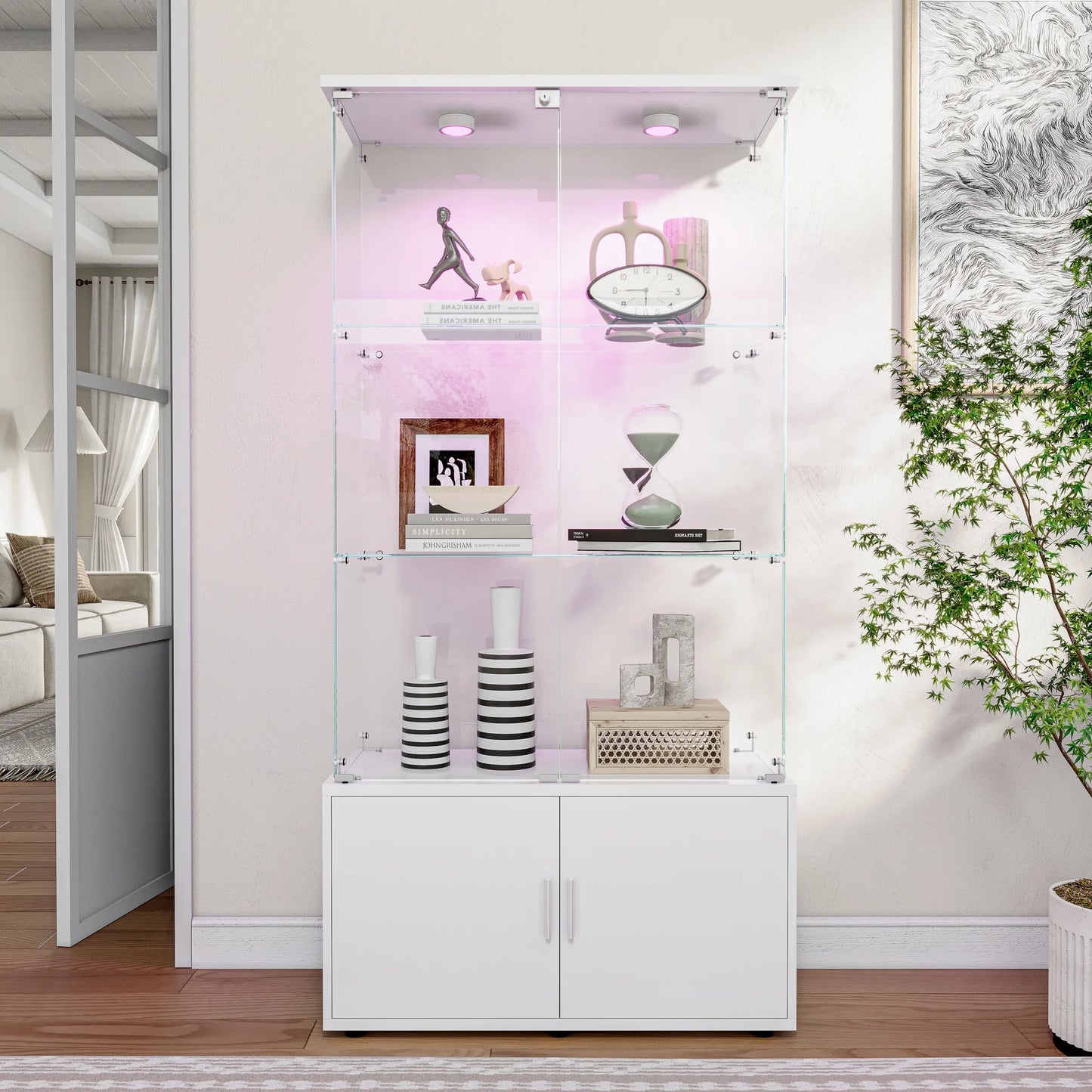 Anajqaqia Glass Display Cabinets with LED Lighting, 4 Doors and 3 Shelves, for Glass Collection, Storage Furniture