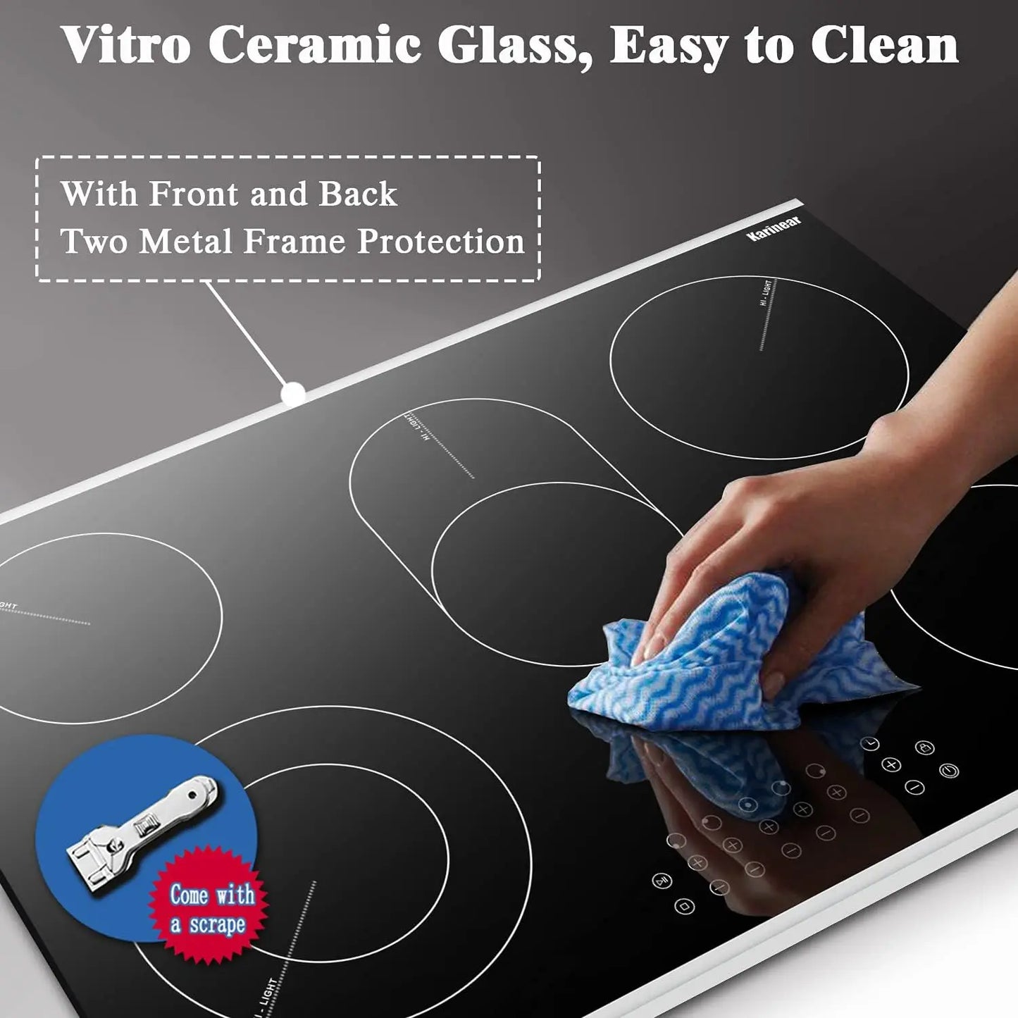 Karinear 30 Inch Electric Cooktop 5 Burners Ceramic Cooktop, Drop-in Electric Radiant Cooktop 8400W - QUORE