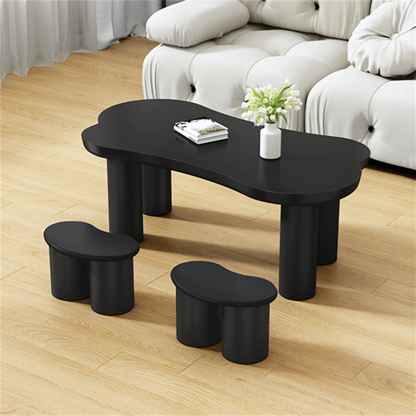 Salontafel – Botvormige Tafel – Woonkamertafel – Banken Set – MDF Tafelblad – Stevige PVC-Poten - 121.5 x 65.5 x 20 cm - Zwart