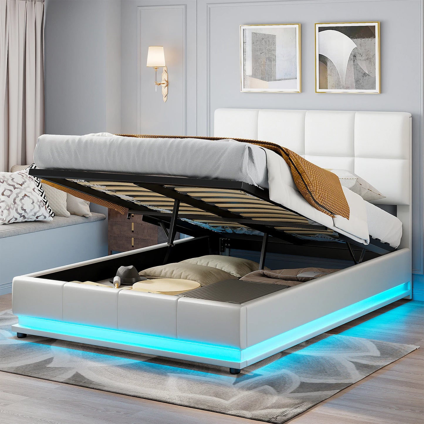 Gestoffeerd Opbergbed – Opbergbedframe – Zwevend Bed – Slaapbank – Ladebed – Wit – 140x200 cm – Stevig MDF Metalen Frame – 35 cm Opbergruimte Onder Matras