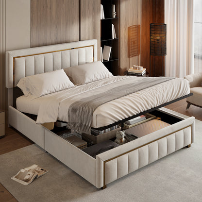 Bedframe – Bed – Bedbodem – Ledikant – Slaapkamermeubel – Beige 140x200 cm – Fluwelen Bekleding – Hydraulische Opbergruimte