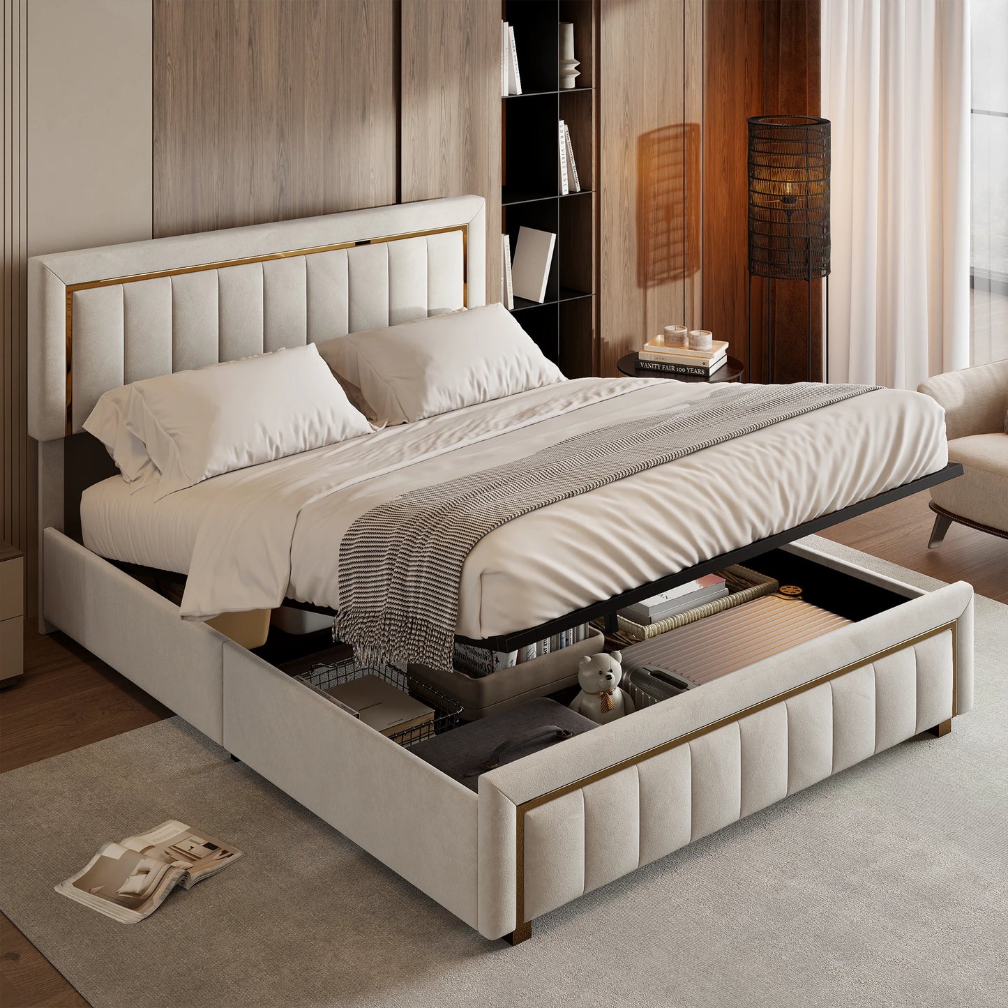 Bedframe – Bed – Tweepersoonsbed – Platformbed – Gestoffeerd bed – Hydraulisch opbergbed – 160x200 cm – Beige fluweel – Metaal en MDF
