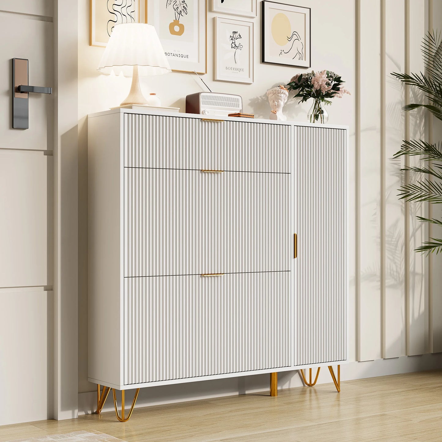 Schoenenkast – Schoenenrek – Schoenopbergkast – Schoenenkastje – Schoenmeubel – Witte Schoenenkast Met Zijvak Voor Laarzen – 2 Lades – Compact Ontwerp