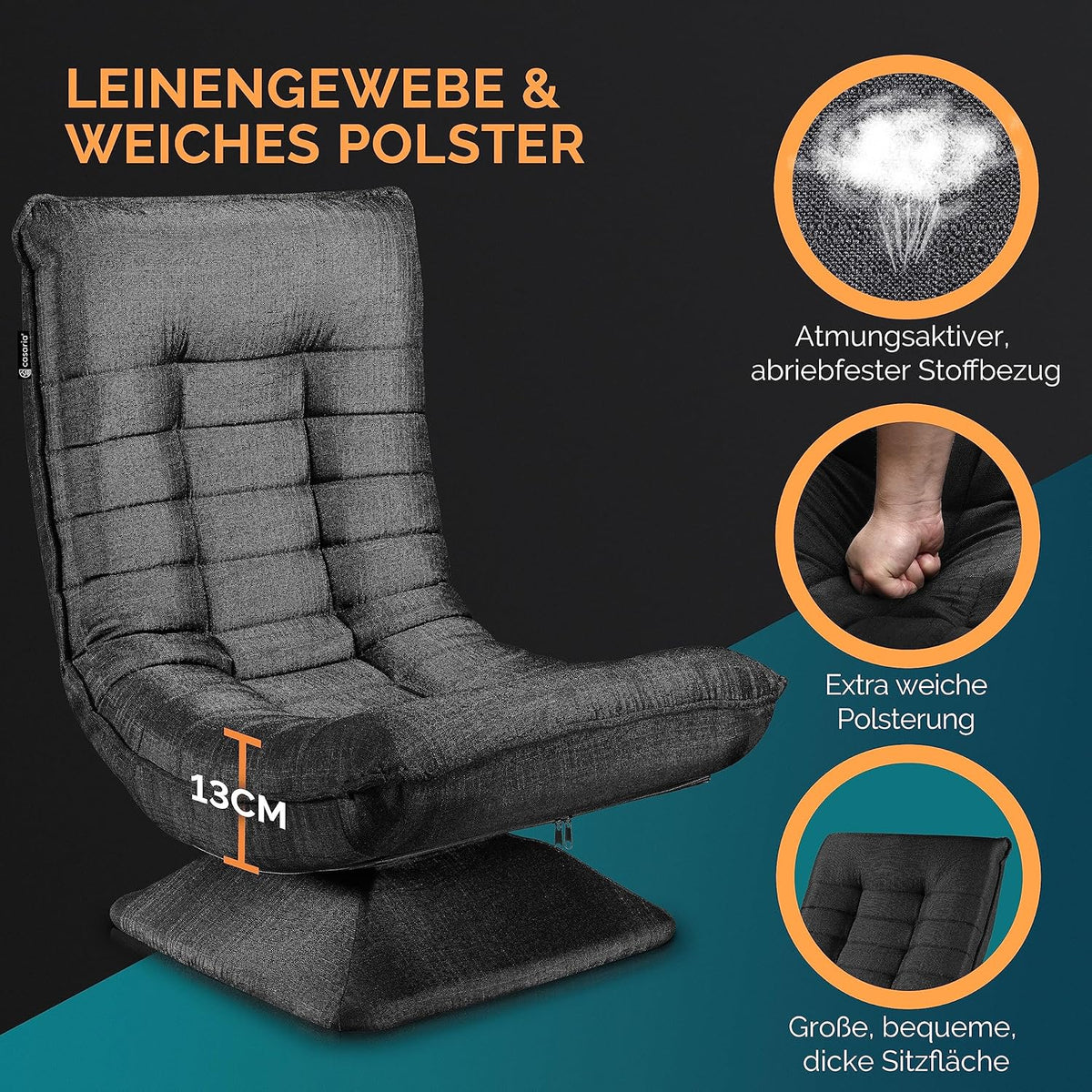 CASARIA Armchair Adjustable 360° Rotatable Foldable Max 150kg 58x57x84cm Fabric Living Room Gaming Sofa Chair Chair Black - QUORE