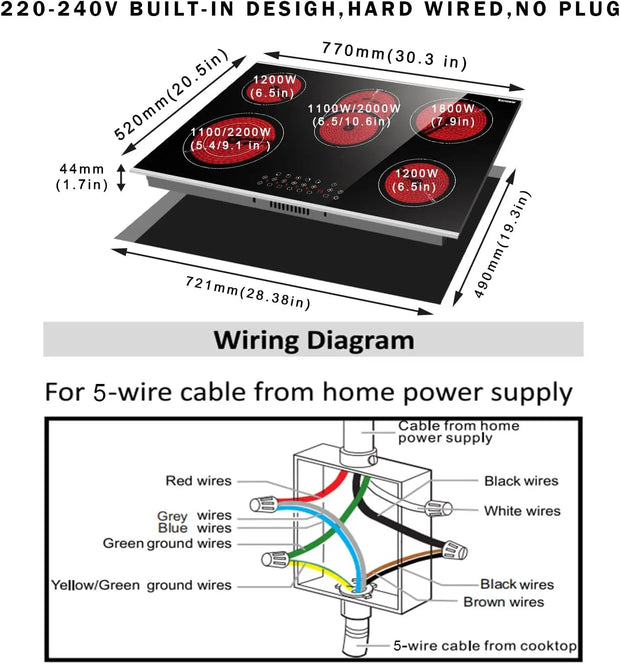 Inductie kookplaat - Induction Hob - Elektrische Brander - 30 Inch Elektrische Kookplaat - 5 Branders - Keramische Kookplaat - Inbouw Elektrische Stralingskookplaat - 8400W - Induction Cook Top - Inductie Fornuis - Zwart