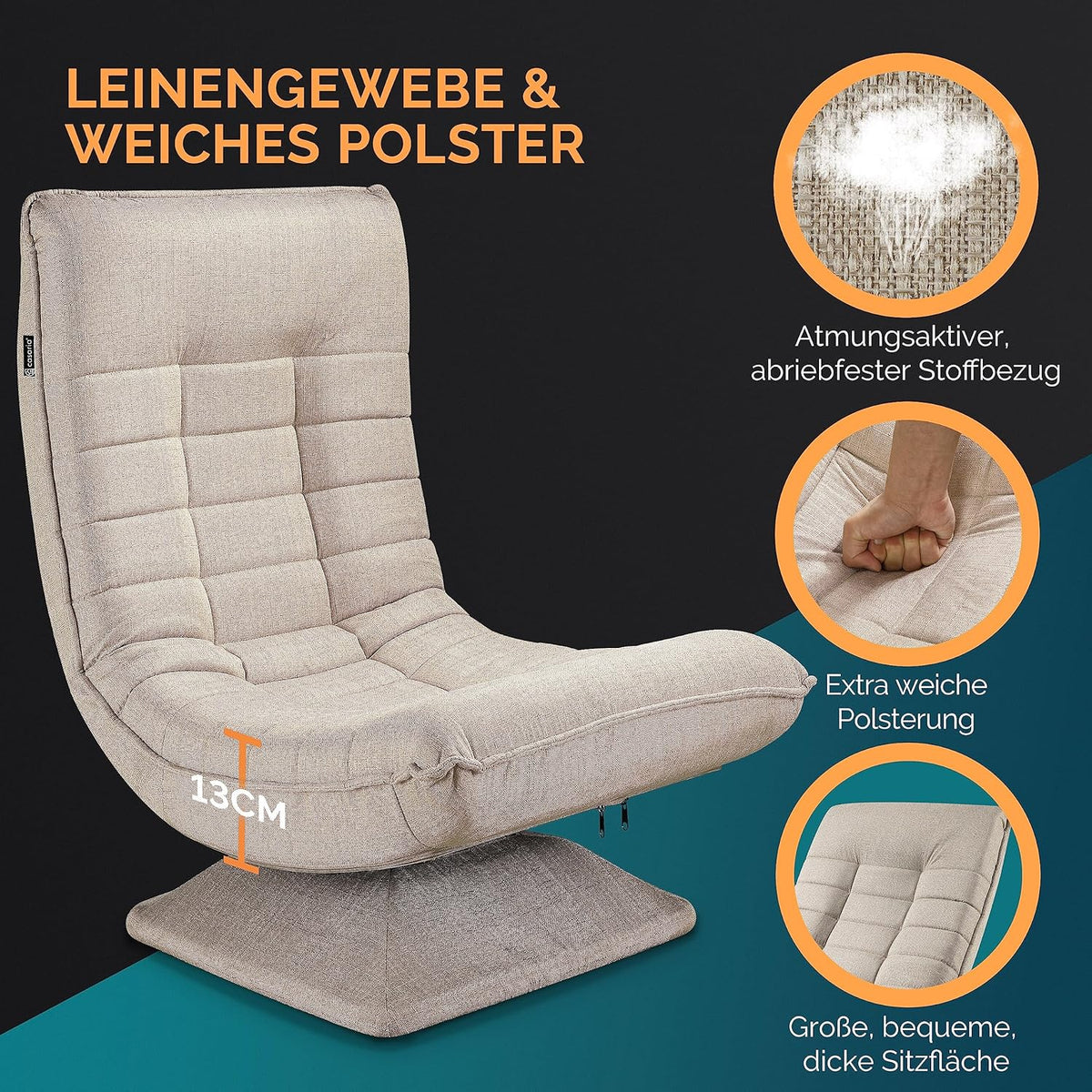 CASARIA Armchair Adjustable 360° Rotatable Foldable Max 150kg 58x57x84cm Fabric Living Room Gaming Sofa Chair Chair Cream - QUORE