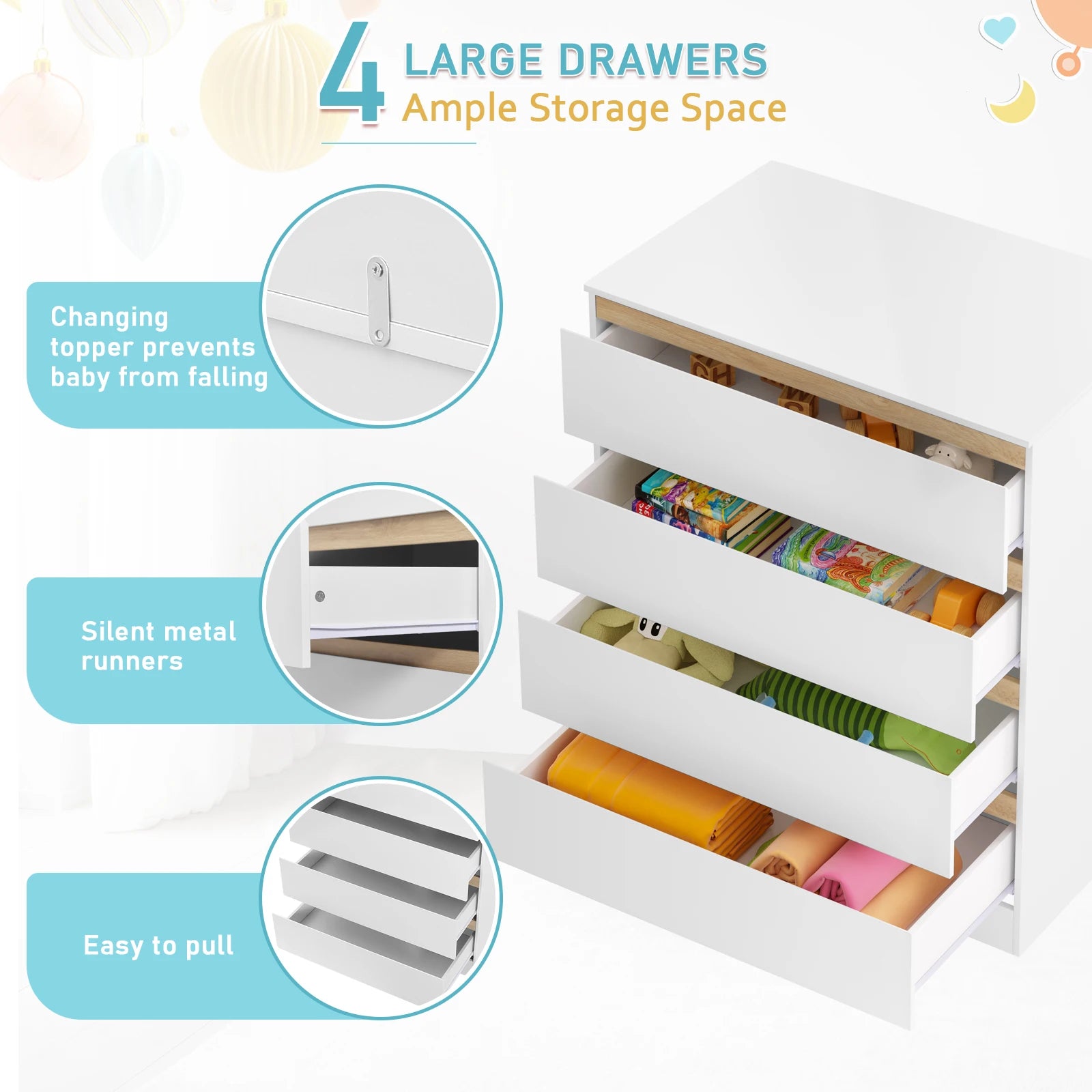 Ladekast - Commode - Opbergkast - met Verwijderbare Verschoontafel – 4 Grote Lades – 80x75x109,2 cm – Babykast voor Kinderkamer - Wit - QUORE