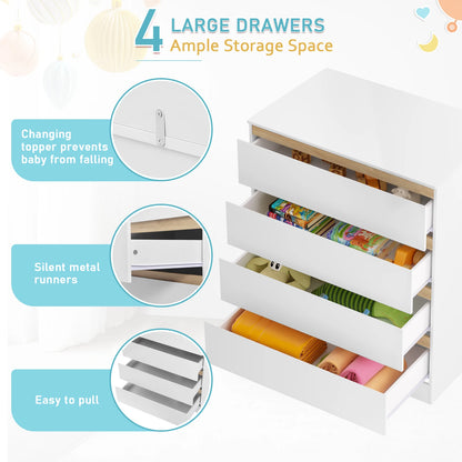 Ladekast - Commode - Opbergkast - met Verwijderbare Verschoontafel – 4 Grote Lades – 80x75x109,2 cm – Babykast voor Kinderkamer - Wit - QUORE