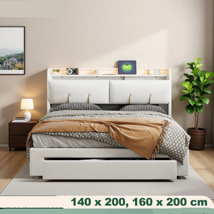 Bedframe – Tweepersoonsbed – Gestoffeerd Bed – Opbergbed – Boxspringframe – Velvet Stof – Verstelbare LED-verlichting en USB-poorten – Hydraulische Opbergruimte 160x200 cm - QUORE