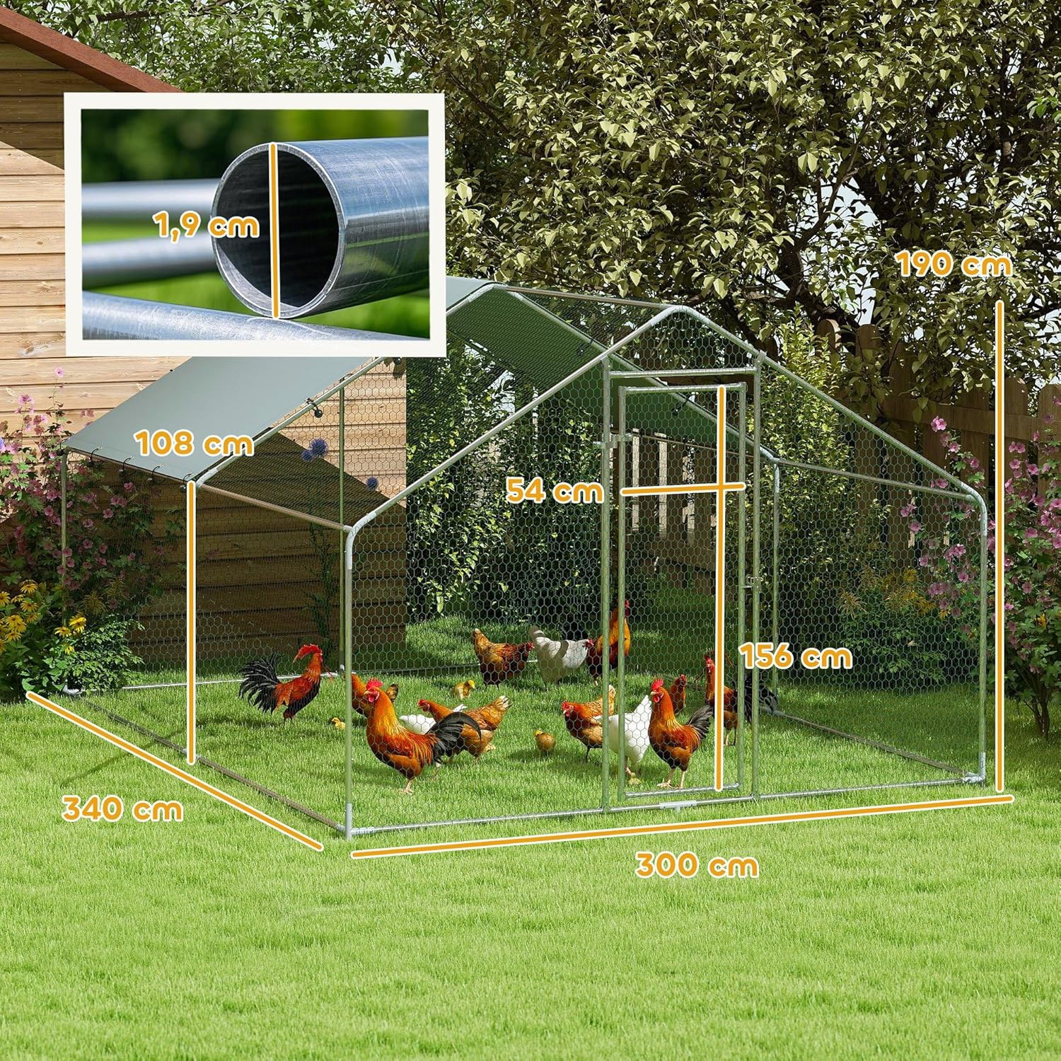 PawHut Chicken Coop 10.2 m² 3 x 3.4 x 1.90 m with UV-resistant waterproof cloth, security lock, door, chicken coop for 10-15 chickens, silver, steel - QUORE