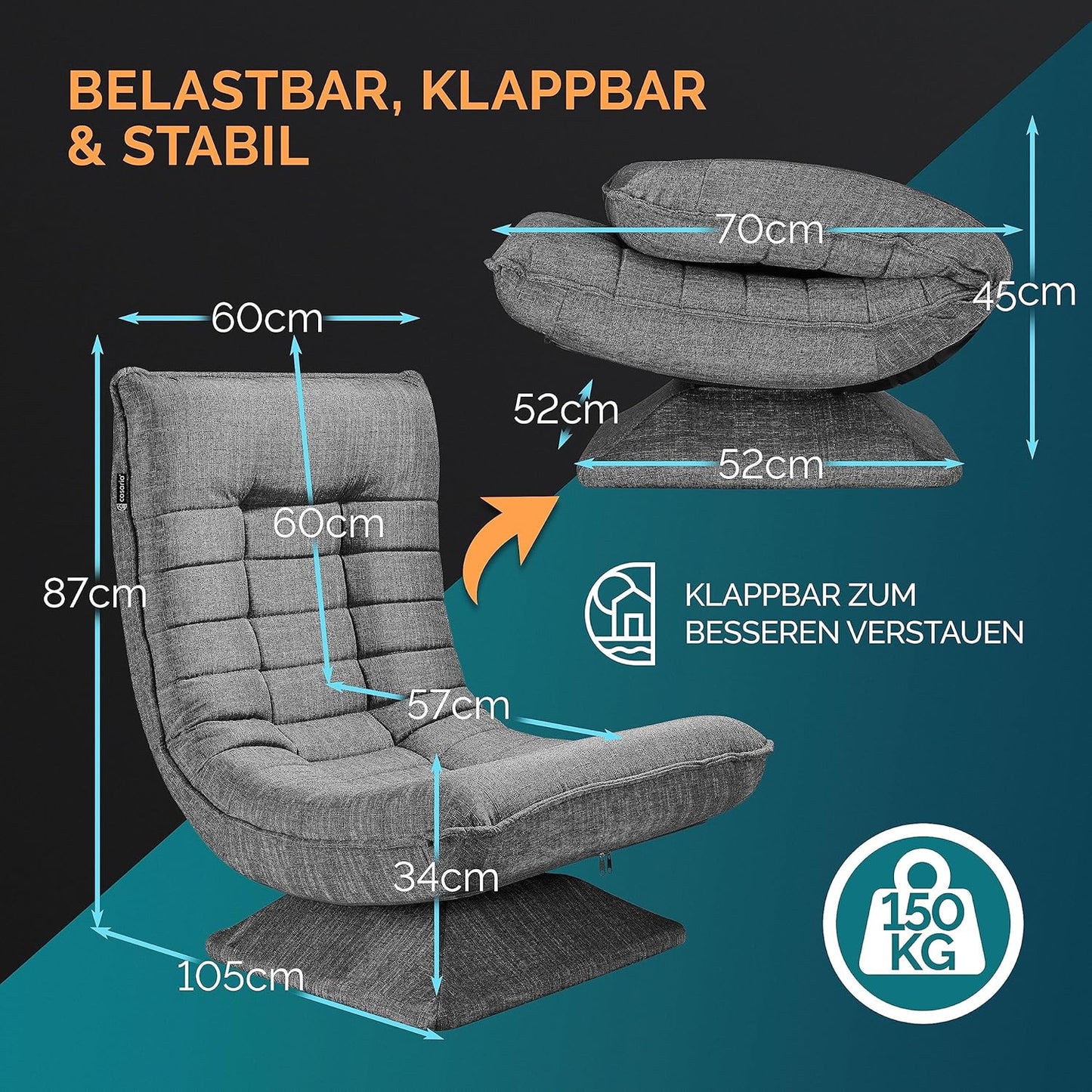 CASARIA® Armchair Adjustable 360° Rotatable Foldable Max 150kg 58x57x84cm Fabric Living Room Gaming Sofa Chair Chair Grey