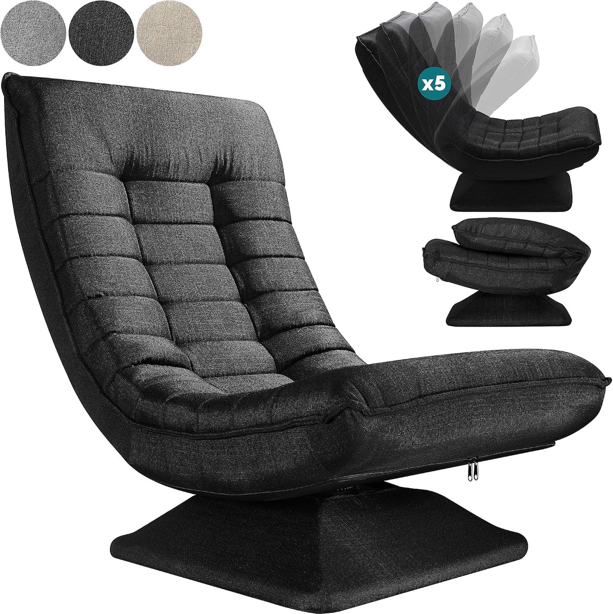 CASARIA Armchair Adjustable 360° Rotatable Foldable Max 150kg 58x57x84cm Fabric Living Room Gaming Sofa Chair Chair Black - QUORE