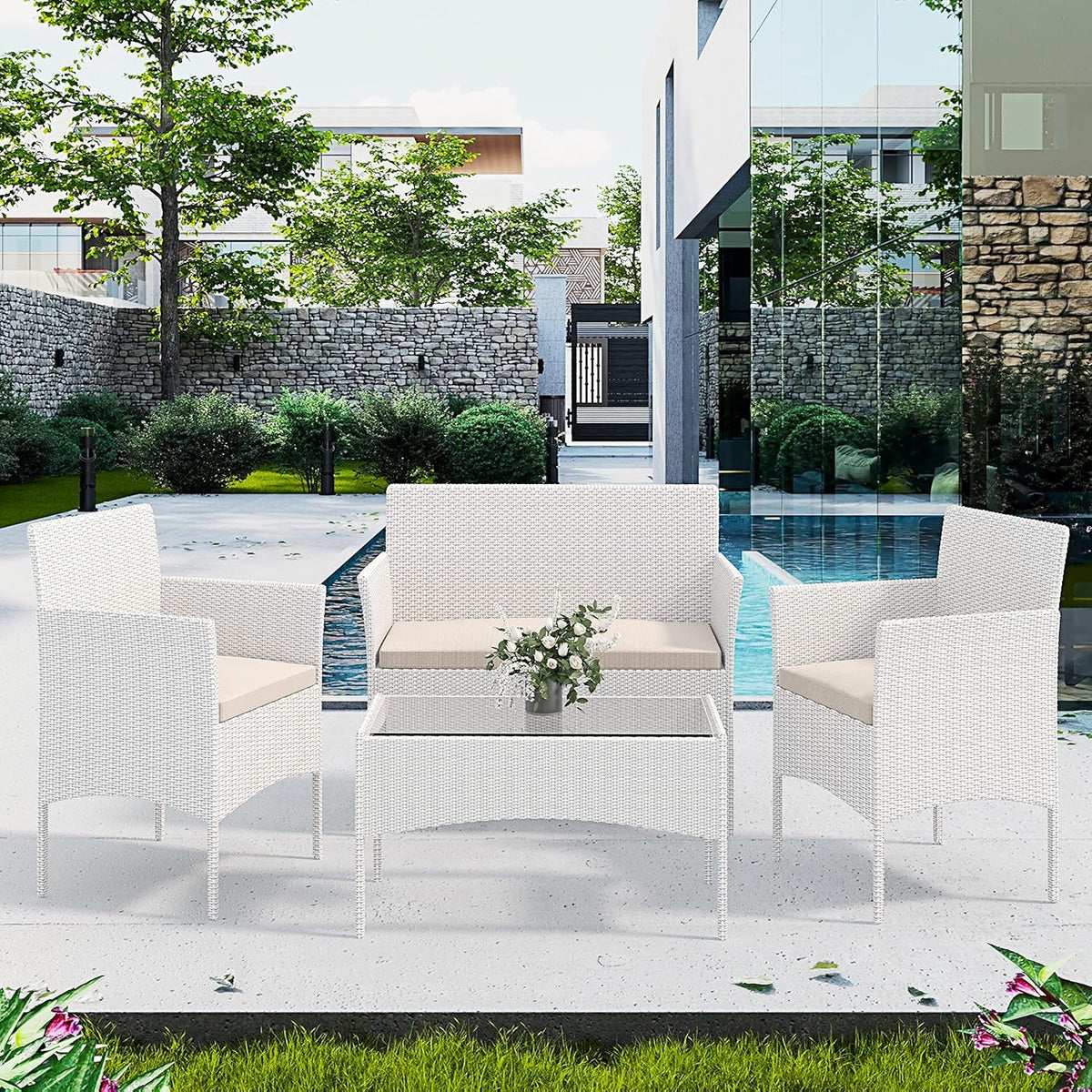 Arreditaly Tuinmeubelset, woonkamer, rotan, 4-zits met tafel en glazen rek, 2 stoelen en 2-zits, voor tuin, buitenzwembad, afneembare kussens (wit)