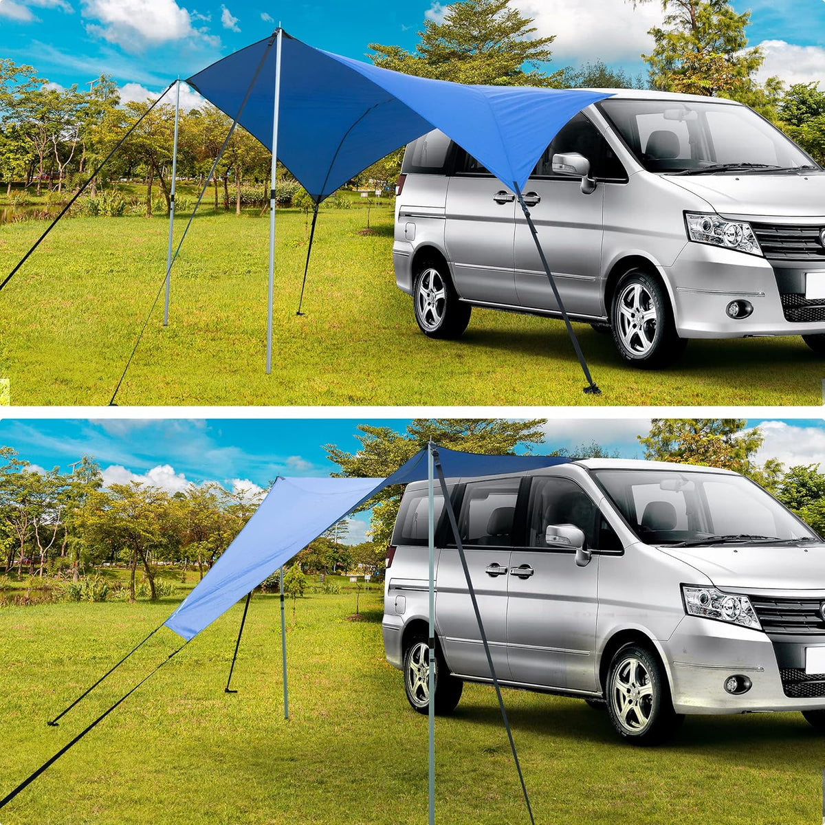 Ultrasport luifelluifel, geschikt voor auto's, bestelwagens en campers, beschermt tegen zon en regen, duurzaam en robuust materiaal, geïntegreerde zuignappen en haringen, palen en riemen, blauw