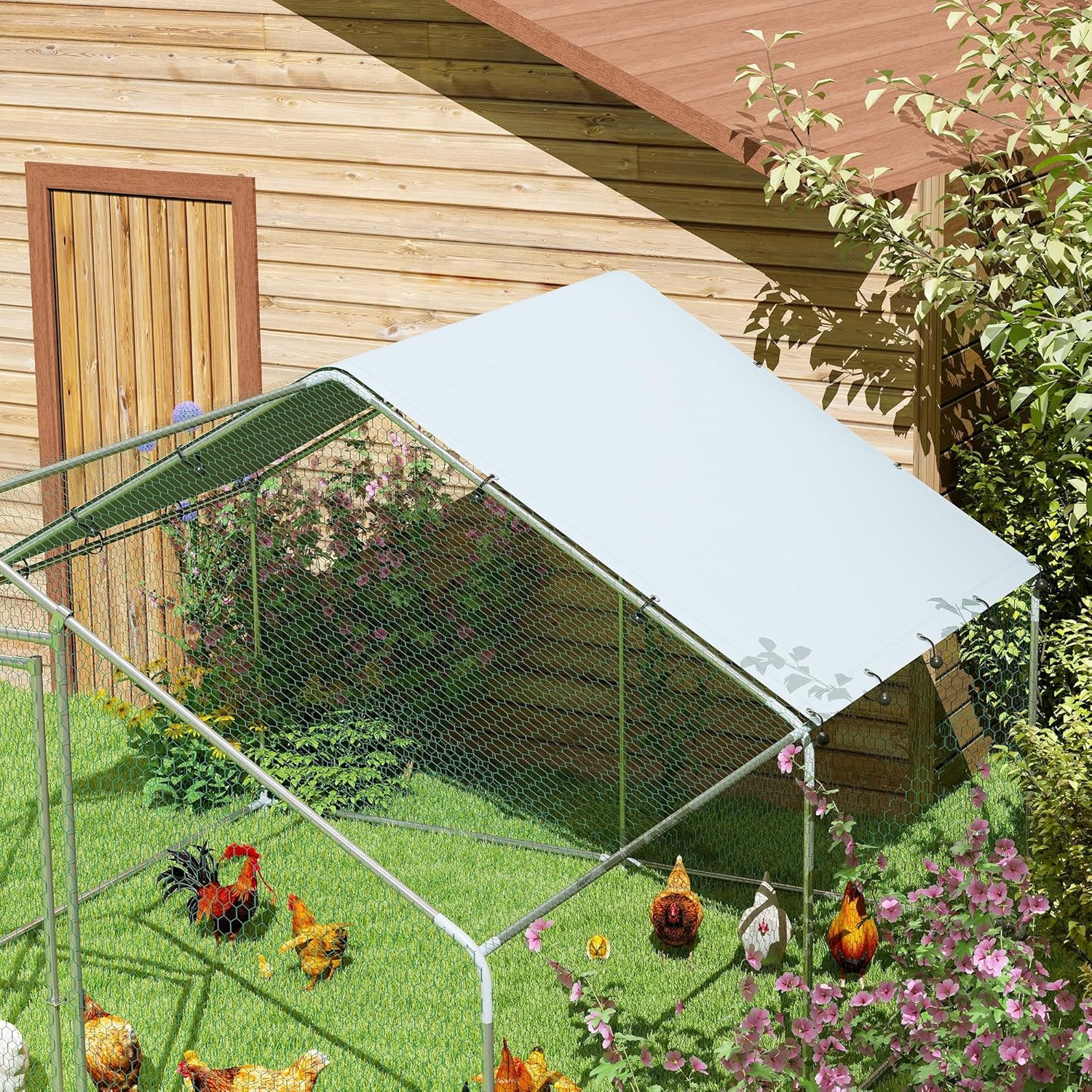 PawHut Chicken Coop 10.2 m² 3 x 3.4 x 1.90 m with UV-resistant waterproof cloth, security lock, door, chicken coop for 10-15 chickens, silver, steel - QUORE