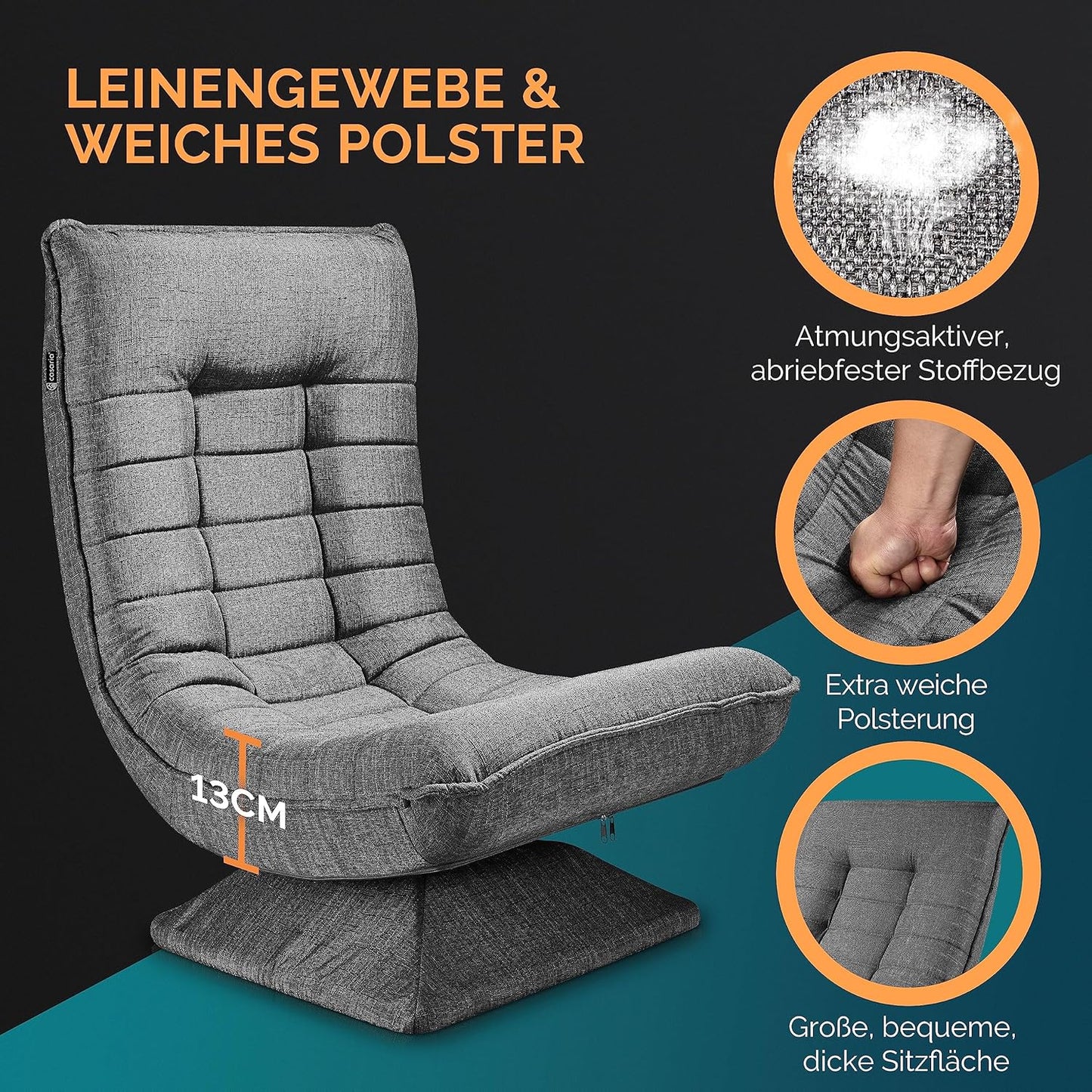 CASARIA® Armchair Adjustable 360° Rotatable Foldable Max 150kg 58x57x84cm Fabric Living Room Gaming Sofa Chair Chair Grey