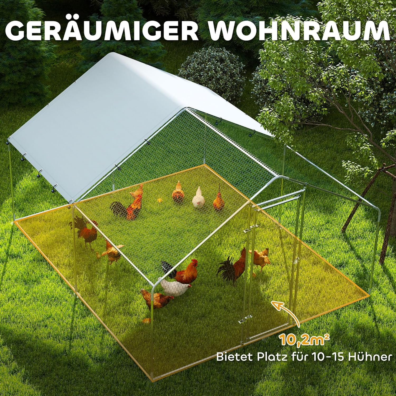 PawHut Chicken Coop 10.2 m² 3 x 3.4 x 1.90 m with UV-resistant waterproof cloth, security lock, door, chicken coop for 10-15 chickens, silver, steel - QUORE