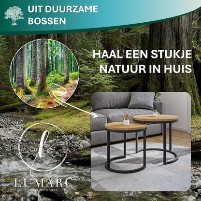 Modena, Set of 2 Coffee Tables, Solid Natural Oak and Steel, Handmade in Europe, Side Table, Coffee Table, Coffee Table, Black, Round, Ø50x43 cm Ø40x38 cm - QUORE