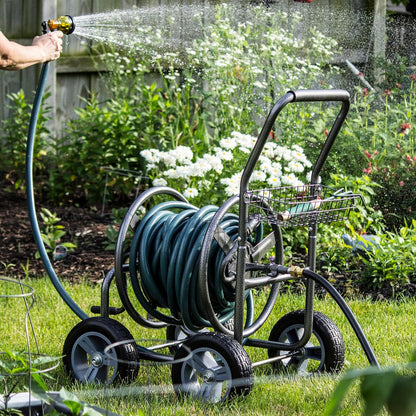 Slanghaspel Met Wielen – Slangenkar – Tuinslanghouder – Slangcaddie – Tuinslanghaspel – 250 Ft Capaciteit – Robuuste Hammertone Metalen Afwerking