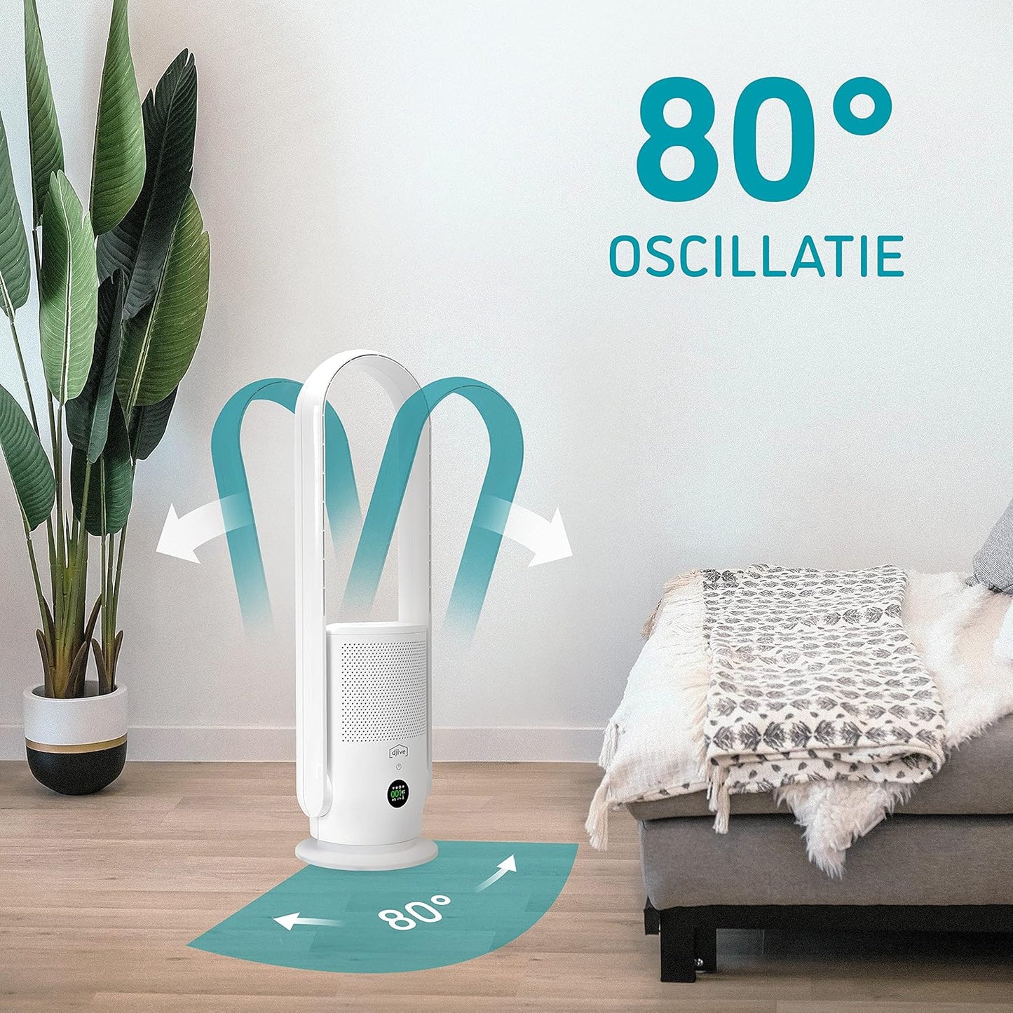 djive ARC draadloze ventilator 2in1 mobiele torenventilator & luchtreiniger, 6 uur batterij, draagbare, rotorloze standventilator met 9 snelheden, stil, met afstandsbediening, app, Alexa, H14, wit