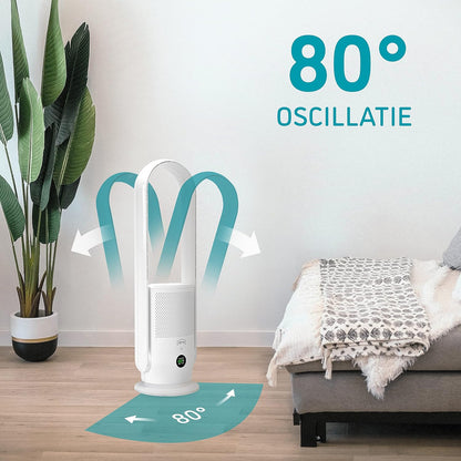 djive ARC draadloze ventilator 2in1 mobiele torenventilator & luchtreiniger, 6 uur batterij, draagbare, rotorloze standventilator met 9 snelheden, stil, met afstandsbediening, app, Alexa, H14, wit