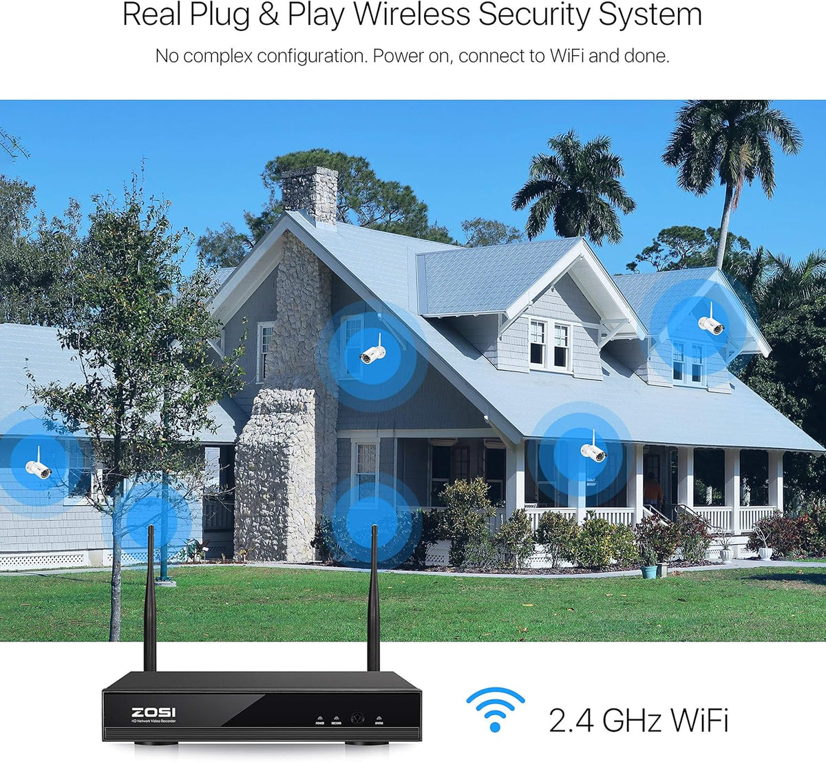ZOSI 3MP Buiten Wlan Bewakingssysteem 8CH H.265 + HDMI NVR met 4 HD 3MP Megapixel WIFI Bewakingscamera Set zonder Harde Schijf, 24M IR Nachtzicht