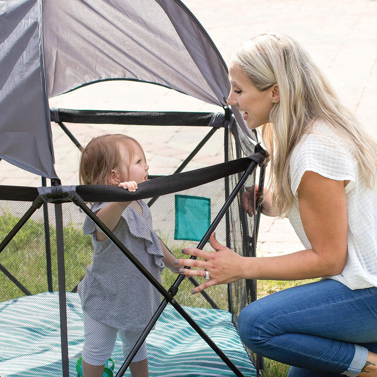 Baby Delight Go with Me Eclipse Mesh Portable Playard | Boxbox | Sunroof | Indoor and Outdoor | Watercolor Stripe Base - QUORE
