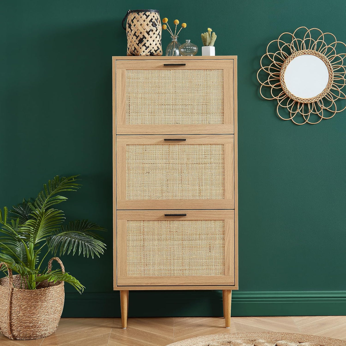 BAÏTA - Schoenenkast AMANA eikenlook en rotan riet, 60 cm