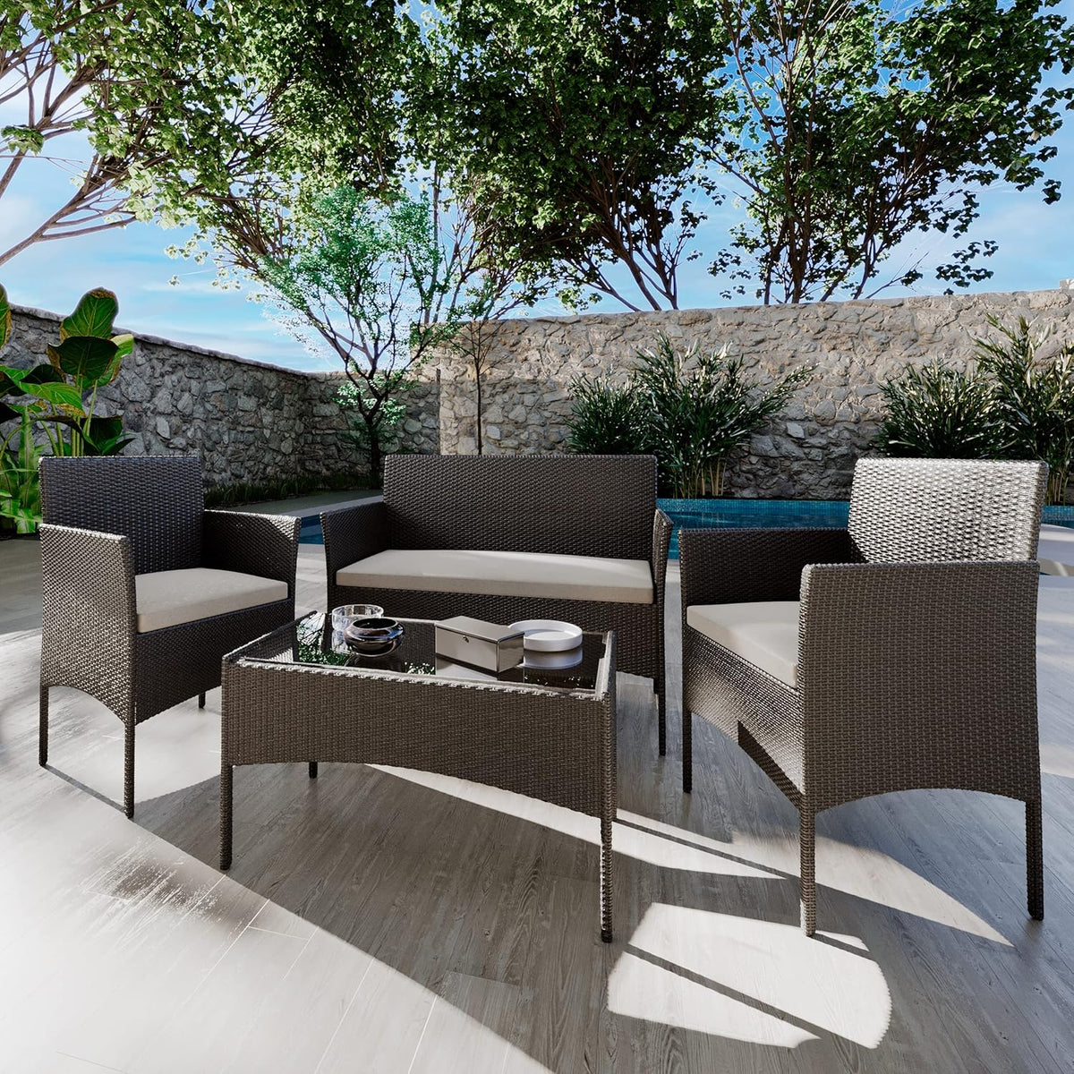 Arreditaly Tuinmeubelset, woonkamer, rotan, 4-zits met tafel en glazen rek, 2 stoelen en 2-zits, voor tuin, buitenzwembad, afneembare kussens (zwart)