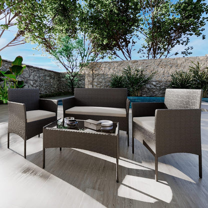 Arreditaly Tuinmeubelset, woonkamer, rotan, 4-zits met tafel en glazen rek, 2 stoelen en 2-zits, voor tuin, buitenzwembad, afneembare kussens (zwart)