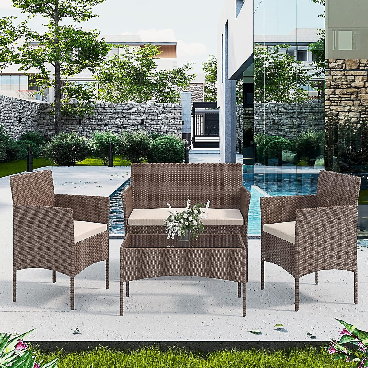 Arreditaly Tuinmeubelset, woonkamer, rotan, 4-zits met tafel en glazen rek, 2 stoelen en bank, 2-zits voor tuin, buitenzwembad, afneembare kussens (bruin)