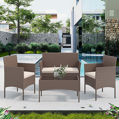 Arreditaly Tuinmeubelset, woonkamer, rotan, 4-zits met tafel en glazen rek, 2 stoelen en bank, 2-zits voor tuin, buitenzwembad, afneembare kussens (bruin)