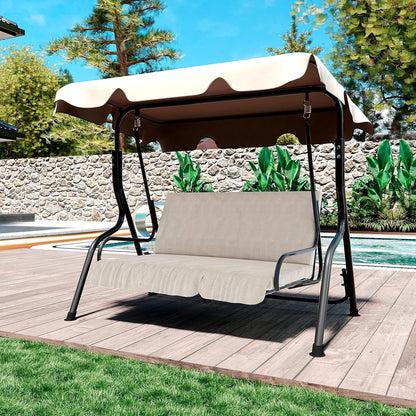 Schommelbank 3-zits met verstelbaar zonnedak, gevoerd kussen, robuust frame van gelakt staal, voor buiten, tuin, balkon, terras, zwembad, 170 x 110 x 153 cm (beige)