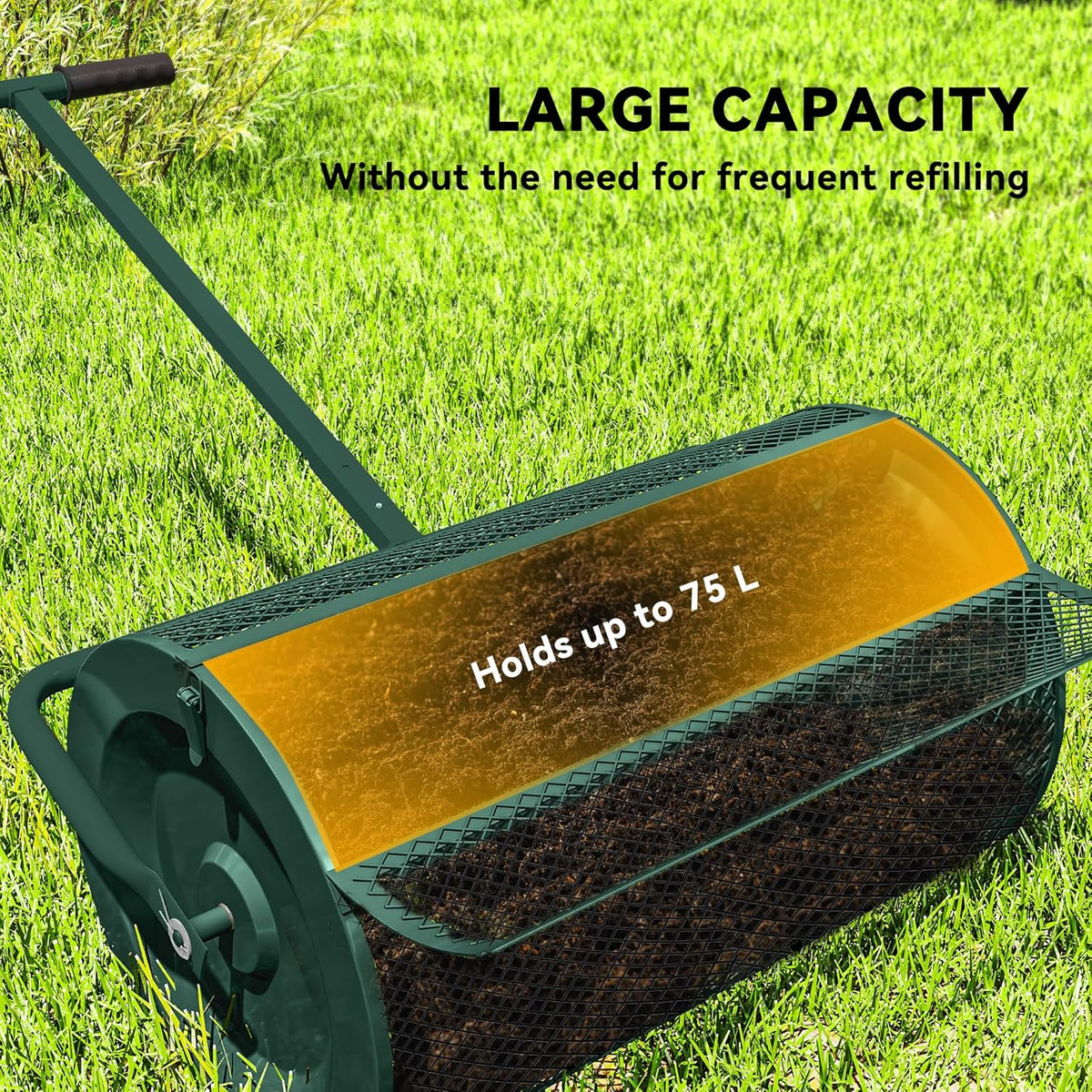 Outsunny Compost Spreader, 24" Peat Moss Spreader with Height Adjustable T Shaped Handle and Metal Mesh Basket, Garden Spreader for Seeding, Spreading Manure, Green - QUORE