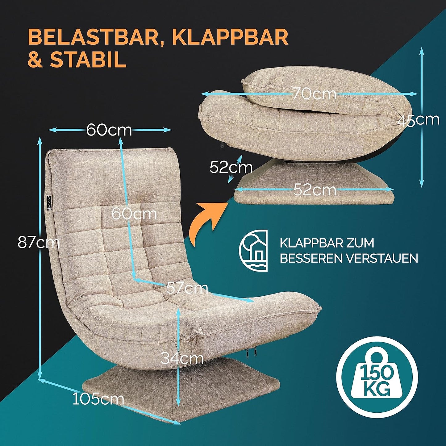 CASARIA Armchair Adjustable 360° Rotatable Foldable Max 150kg 58x57x84cm Fabric Living Room Gaming Sofa Chair Chair Cream - QUORE