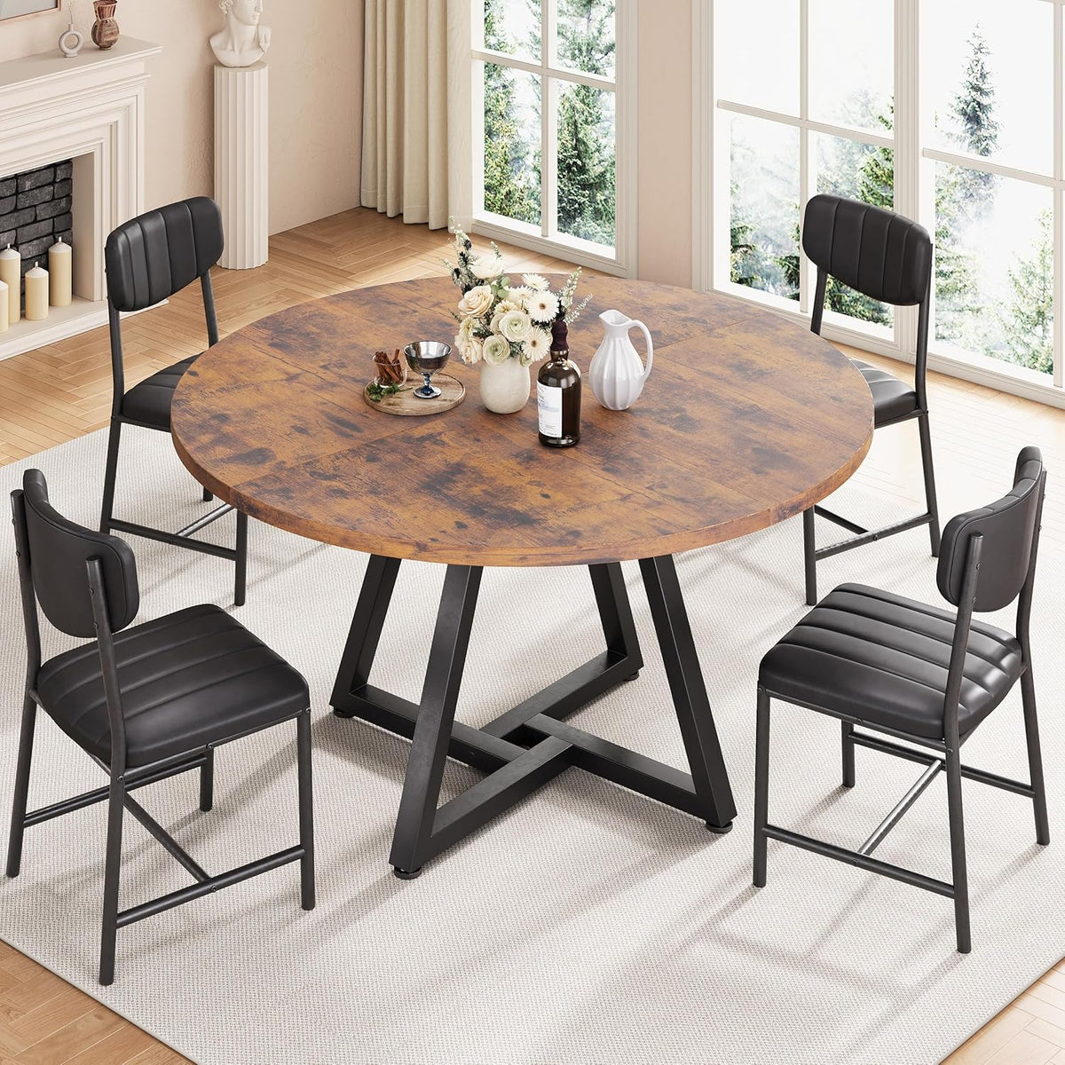 Ronde keuken eettafel voor 2-4 personen, cirkel eettafel met metalen frame, ruimtebesparende houten industriële meubels (vintage, 42 inch