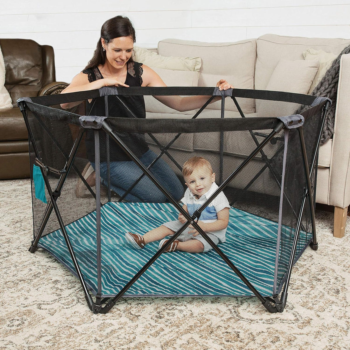 Baby Delight Go with Me Eclipse Mesh Portable Playard | Boxbox | Sunroof | Indoor and Outdoor | Watercolor Stripe Base - QUORE