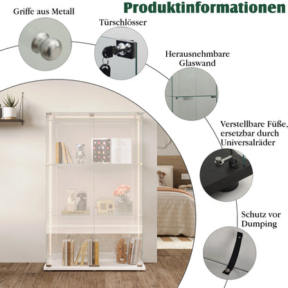 Vitrinekast – Glasvitrine – Displaykast – Showkast – Opbergkast – 360 Graden Zichtbaarheid – Ingebouwde LED-Verlichting – Wit – 3 Planken – Dubbele Deuren